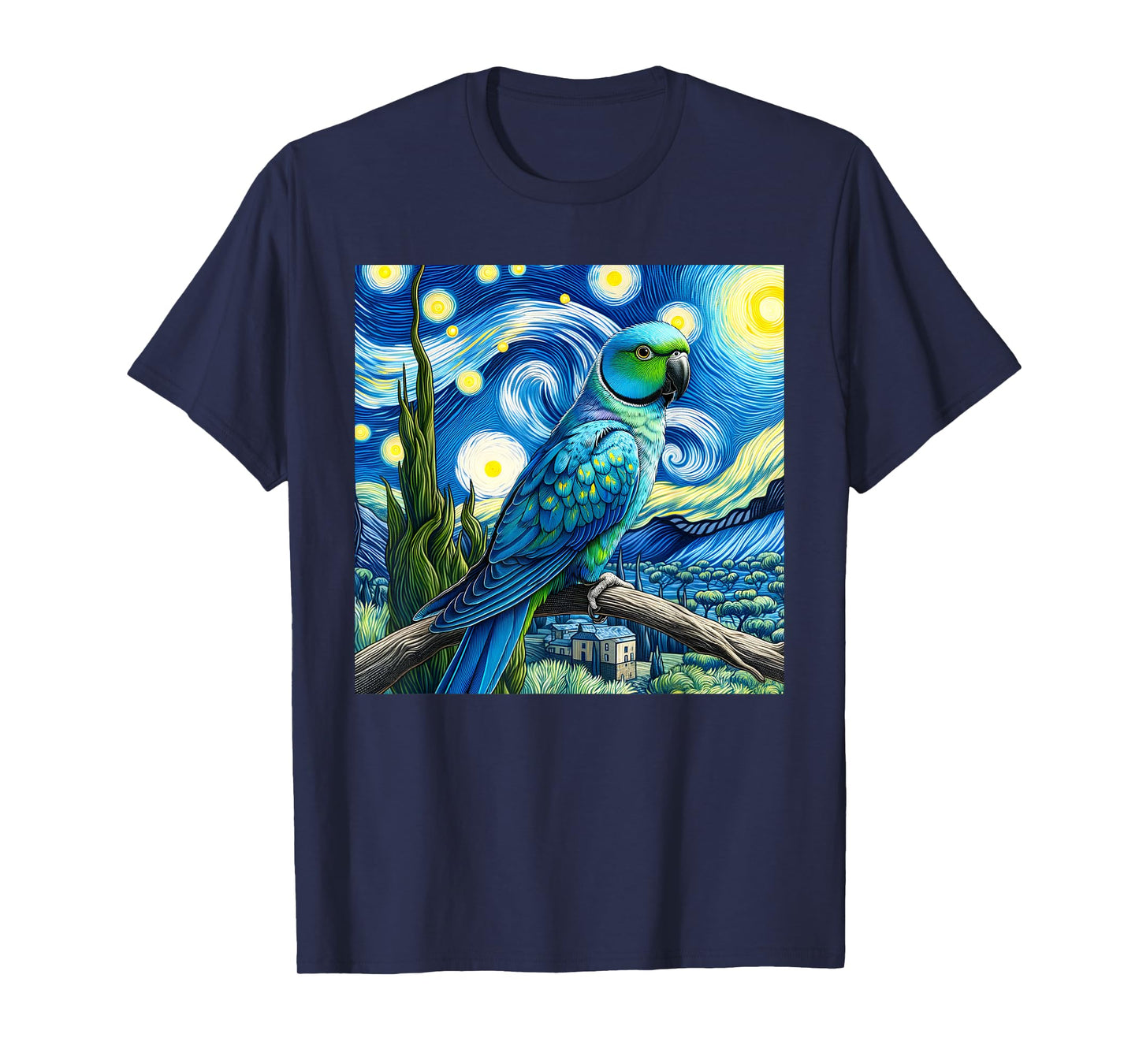 Blue Indian Ringneck Parrot Parakeet Starry Night Van Gogh T-Shirt