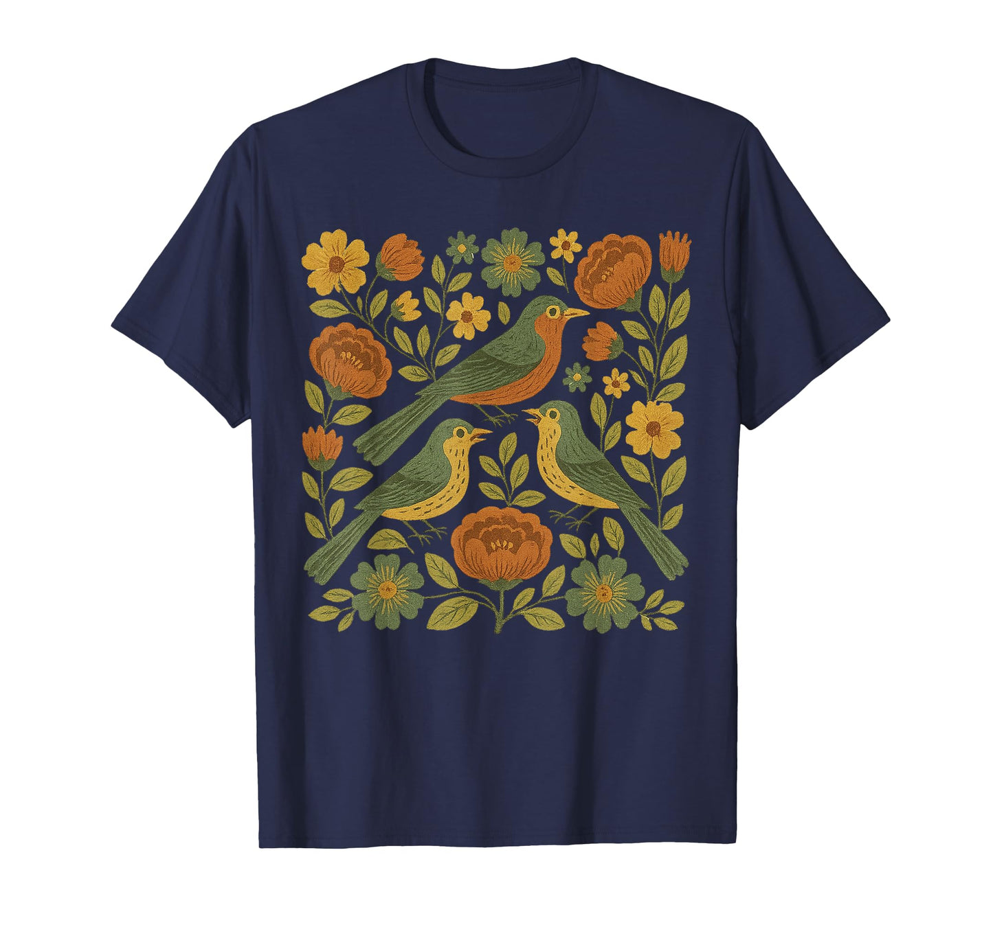 Folk Style Folk Art Bird Boho Wildflowers Botanical Bird Tee T-Shirt