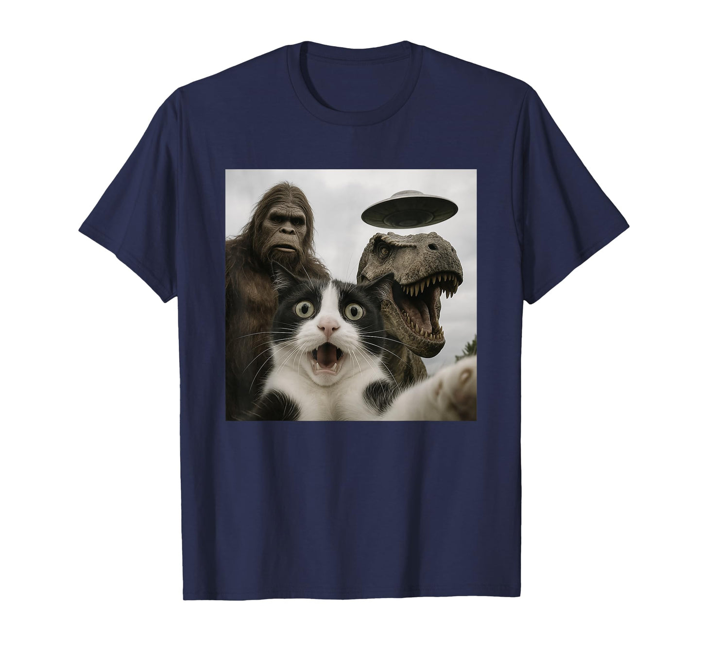 Funny Cat Selfie with Bigfoot Dinosaur UFO for Men Women T-Shirt