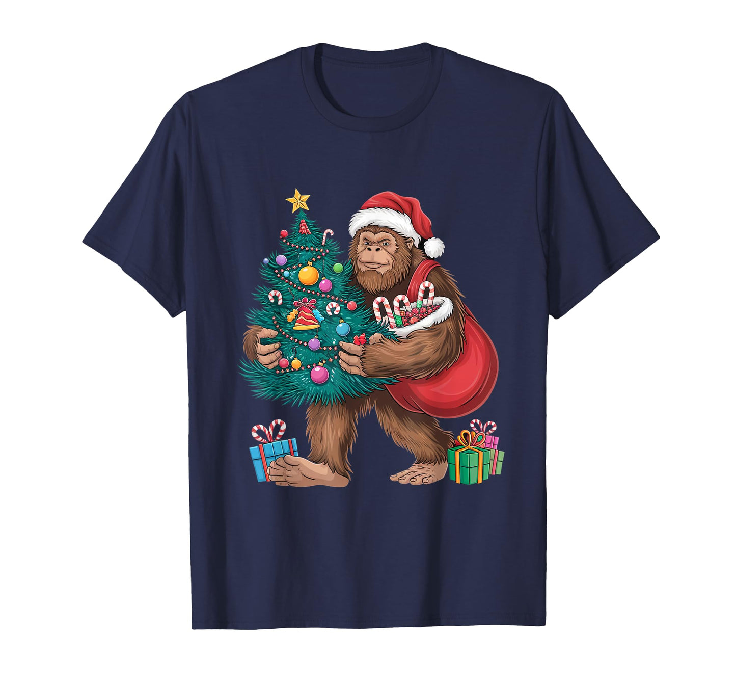 Santa Bigfoot Christmas Tree Lights Xmas Sasquatch Lovers T-Shirt