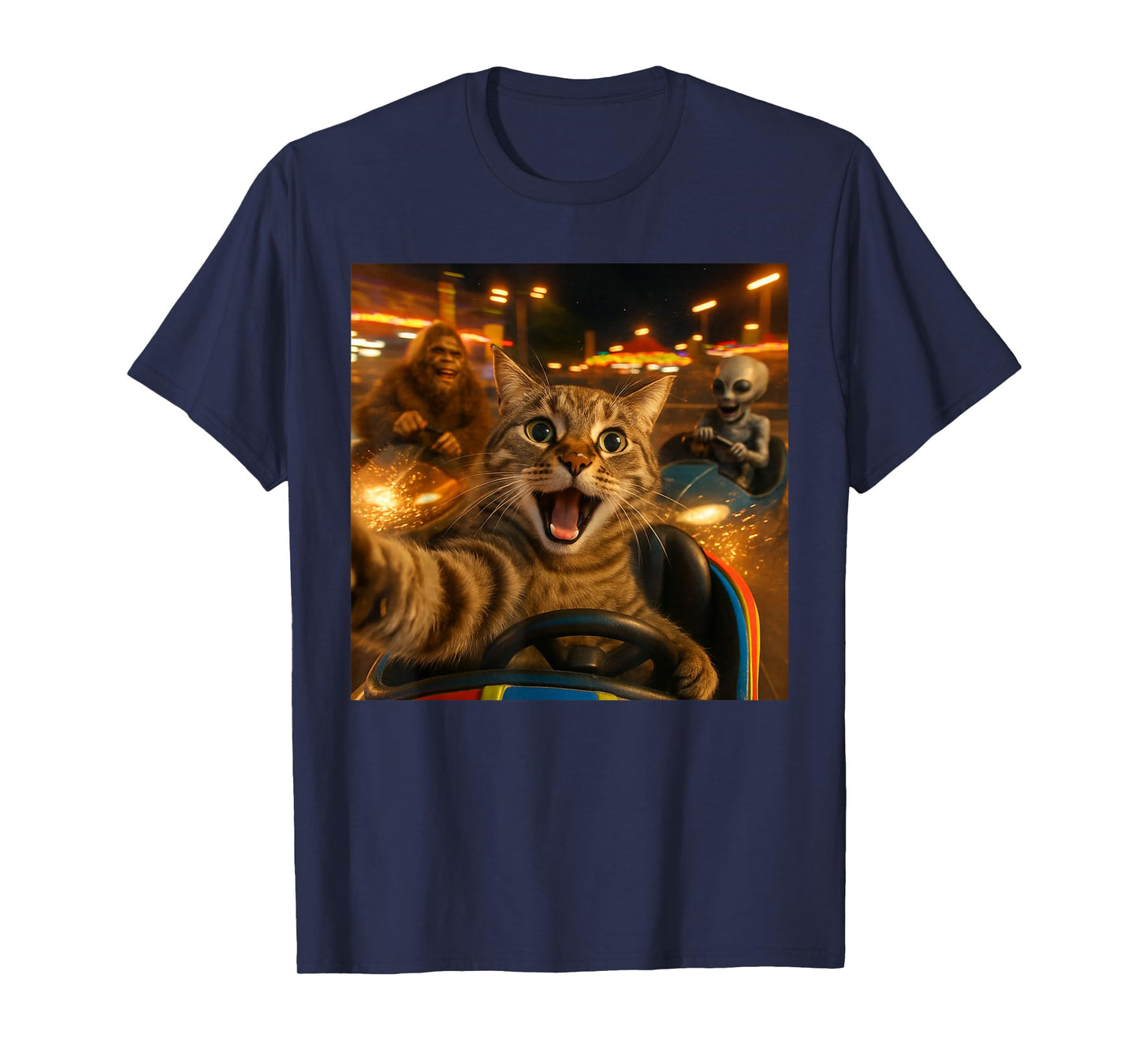 Funny Cat Selfie with Big Foot & Alien Bumper Car Meme T-Shirt