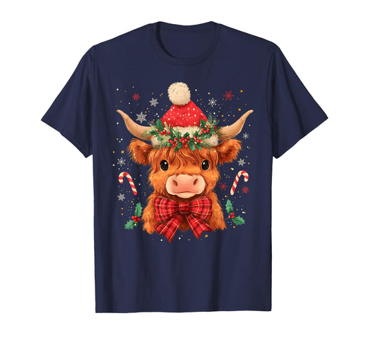 Cute Christmas Highland Cow Mooey Xmas Heifer Santa Hat T-Shirt