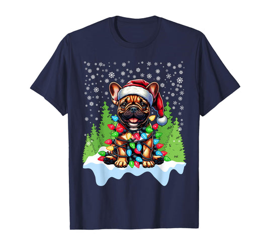 French Bulldog Christmas Santa Hat Lights Tree Snowflakes T-Shirt