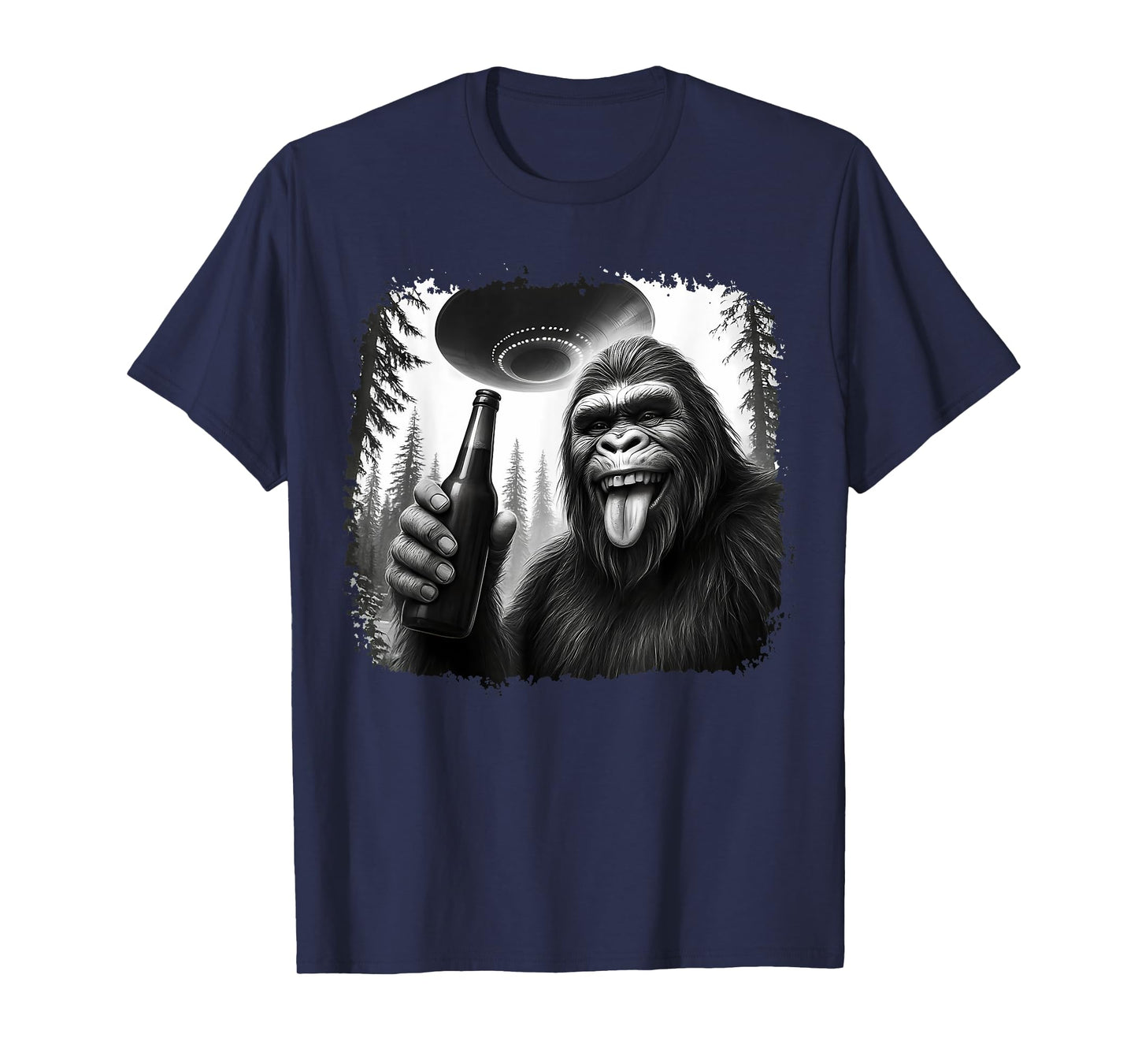 Sasquatch Drinking Beer UFO Encounter Funny T-Shirt