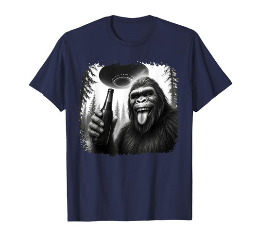 Sasquatch Drinking Beer UFO Encounter Funny T-Shirt