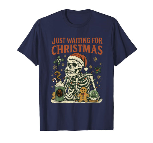 Vintage Xmas Holiday Just Waiting for Christmas Skeleton T-Shirt