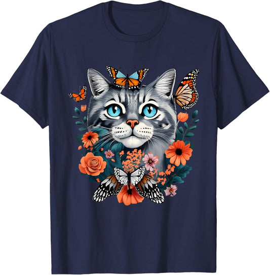 Cat Flowers Cottagecore Aesthetic butterflies girls Women T-Shirt
