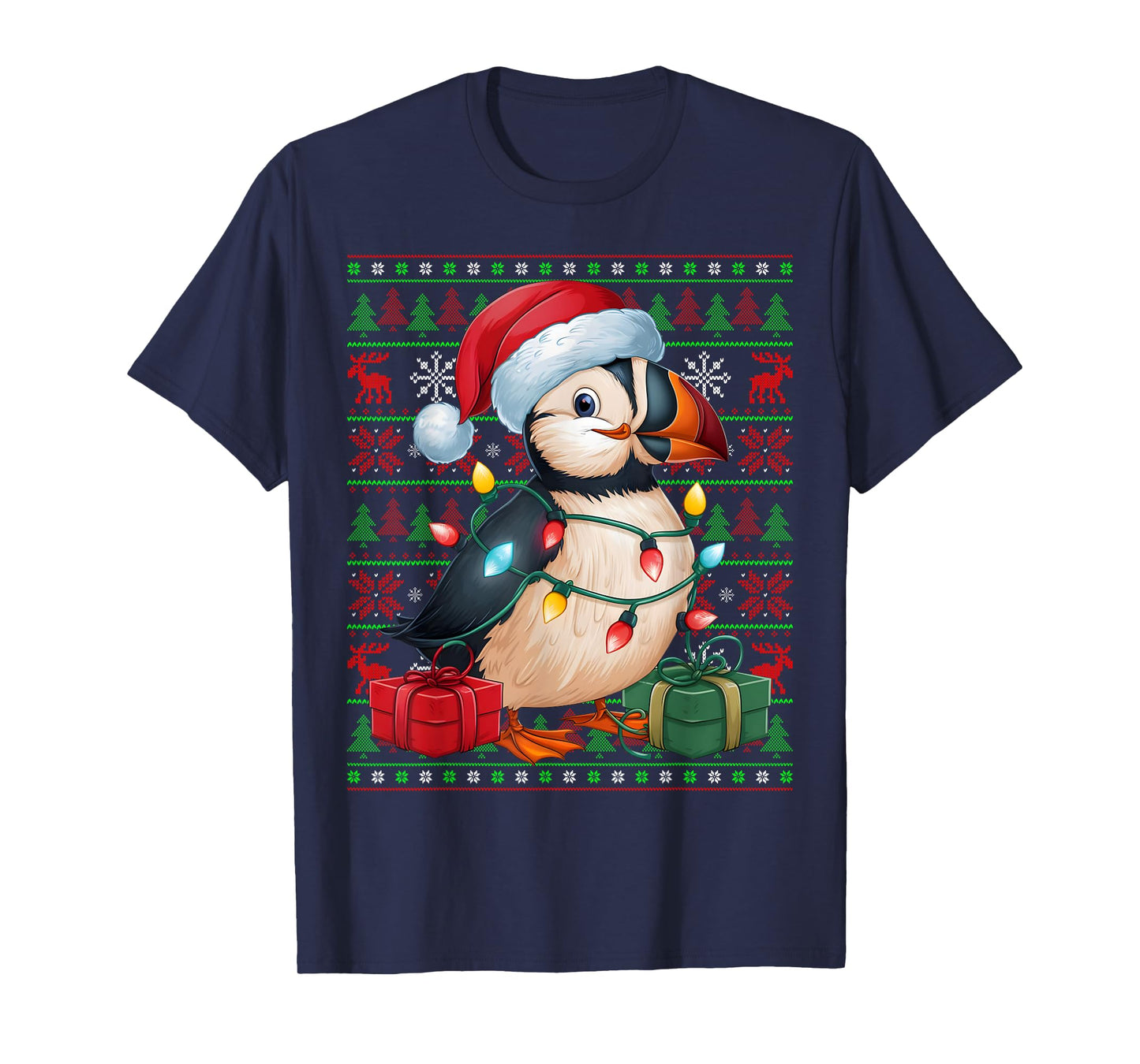 Puffin Bird Xmas Lights Ugly Santa Hat Puffin Christmas T-Shirt
