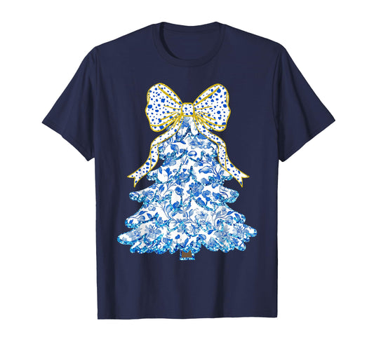Blue Floral Coquette Bow Christmas Tree Chinoiserie Women T-Shirt