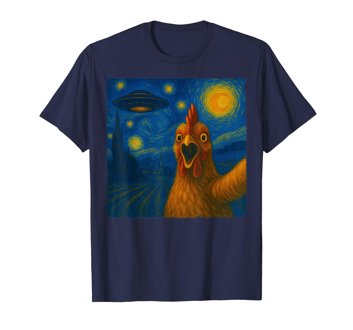 Chicken Selfie with UFO Starry Night Van Gogh Men Women Kid T-Shirt