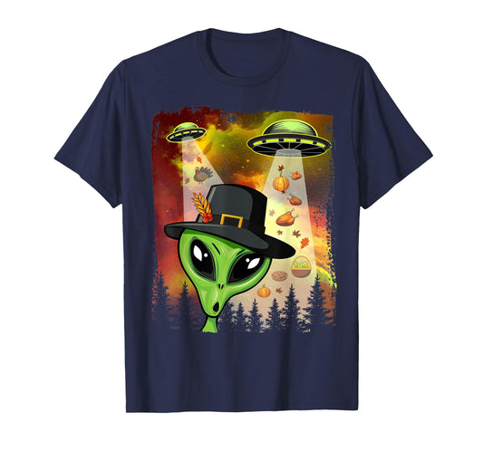 Alien Thanksgiving Invasion Funny UFO Holiday Graphic T-Shirt