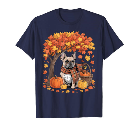 French Bulldog Fall Scarf Pumpkin Autumn Leaves Thanksgiving T-Shirt