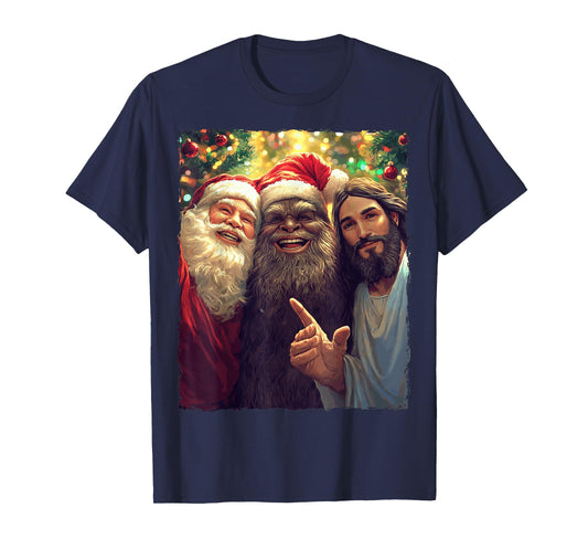 Funny Bigfoot Sasquatch Selfie Santa Jesus Xmas Christmas T-Shirt