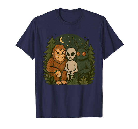 Whimsical Cute Mothman Bigfoot And Alien Funny Cryptid Art T-Shirt