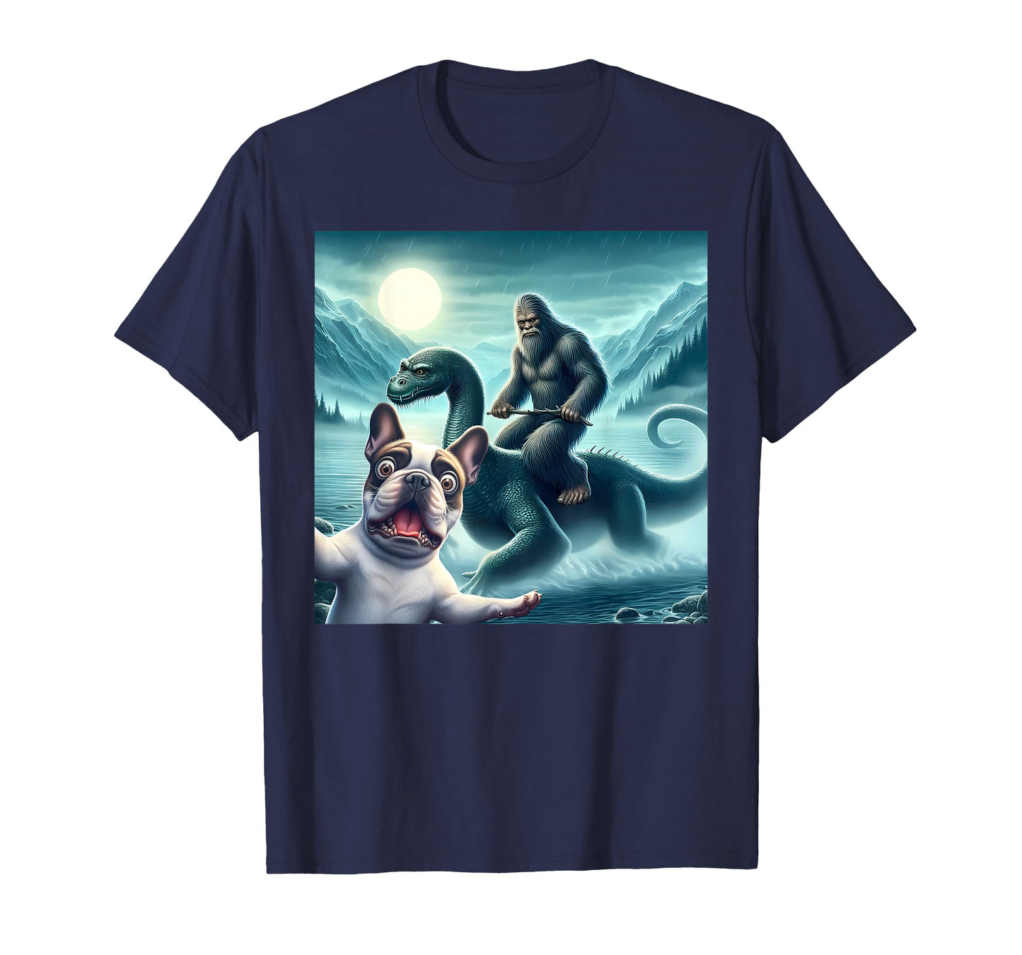 French bulldog Selfie with bigfoot riding loch Ness T-Shirt