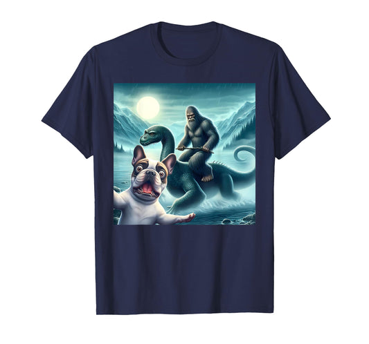 French bulldog Selfie with bigfoot riding loch Ness T-Shirt