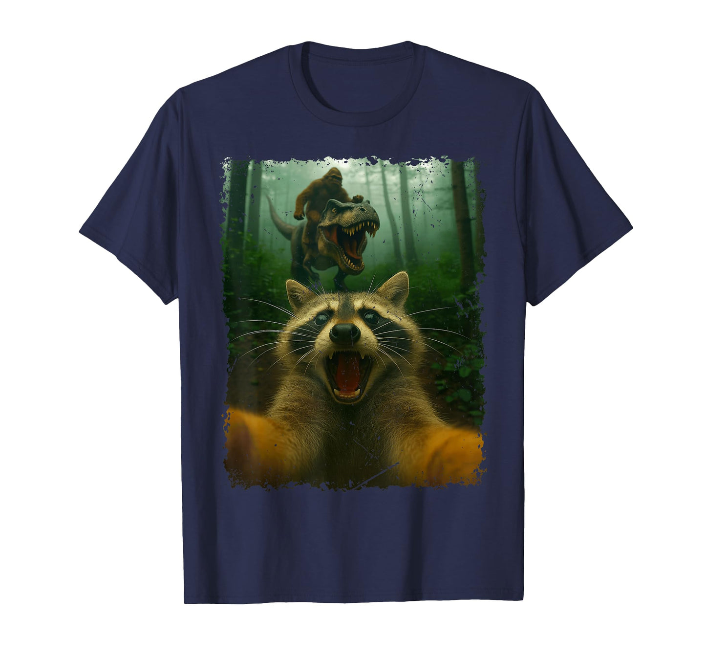 Funny Raccoon Selfie with T-Rex Dinosaur and Bigfoot T-Shirt