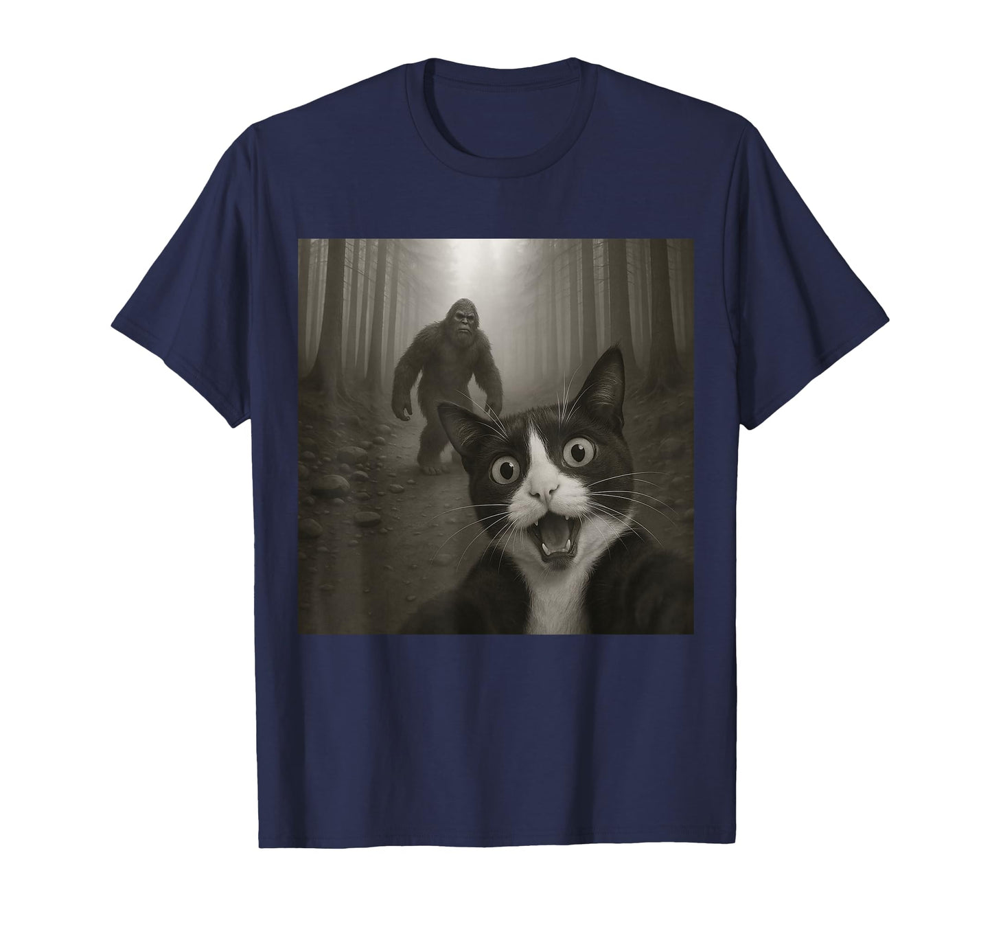 Funny Surprised Scared Tuxedo Cat Selfie With Bigfoot T-Shirt