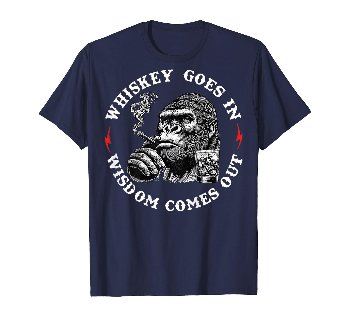 Whiskey Goes in Wisdom Comes Out Funny Monkey (On Back) T-Shirt