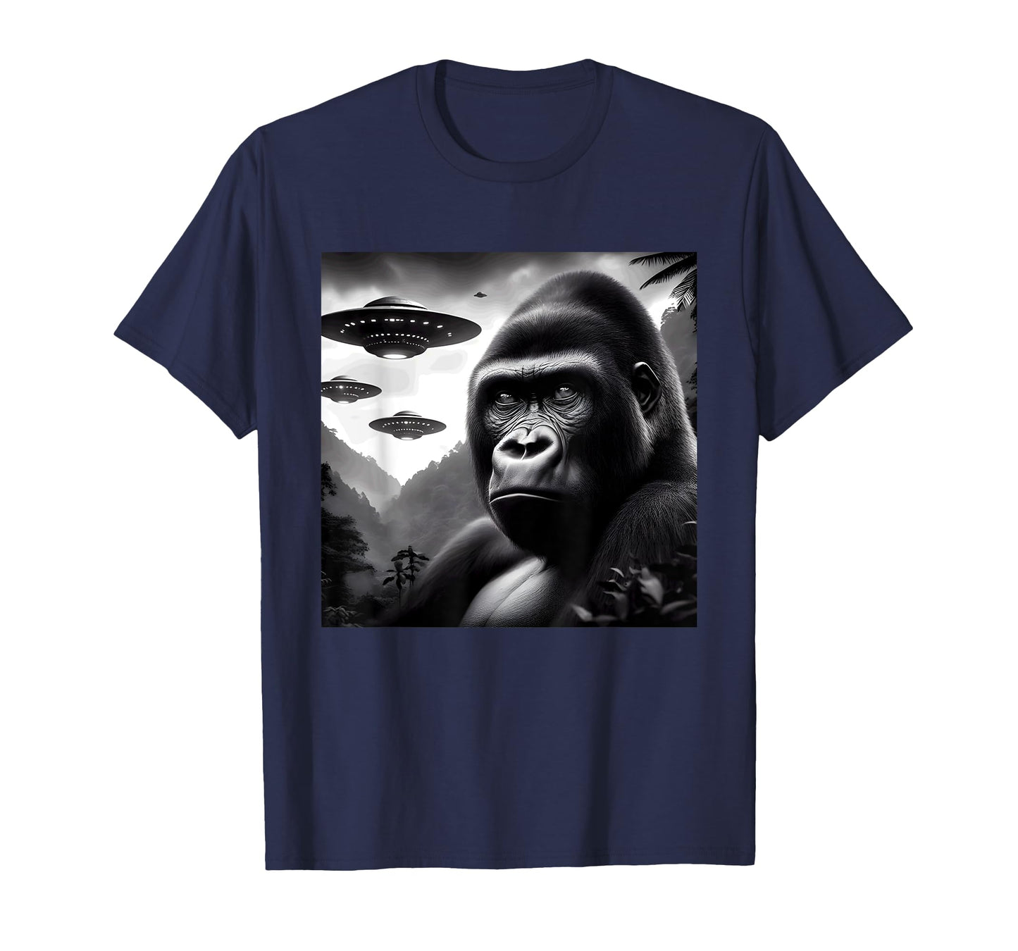 Gorilla Monkey Funny Graphic Selfie with UFOs Weird Aliens T-Shirt