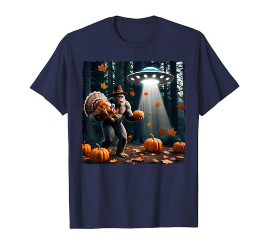 Bigfoot Sasquatch Turkey UFOs Funny Thanksgiving Day Pumpkin T-Shirt