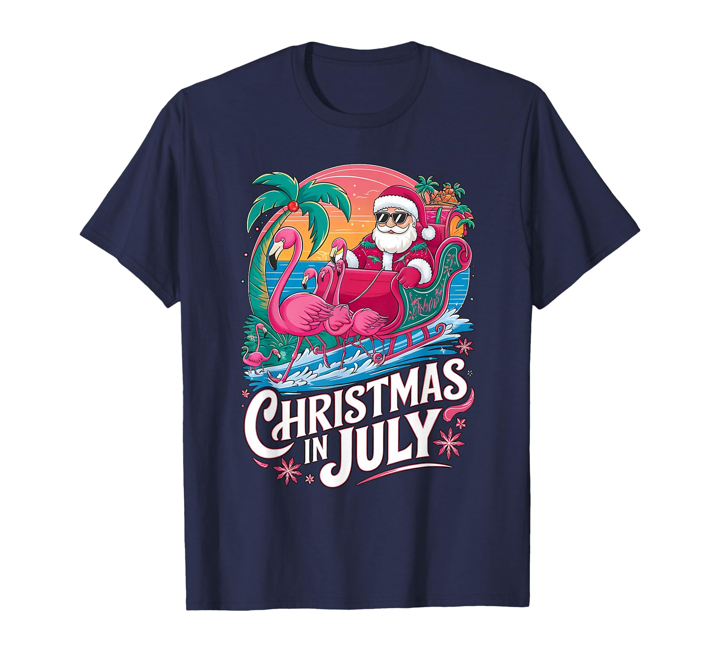 Christmas in July Santa Flamingo Float Summer Beach Vacation T-Shirt