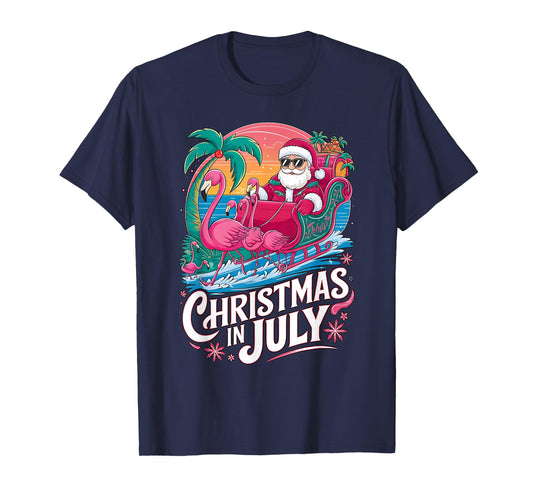 Christmas in July Santa Flamingo Float Summer Beach Vacation T-Shirt