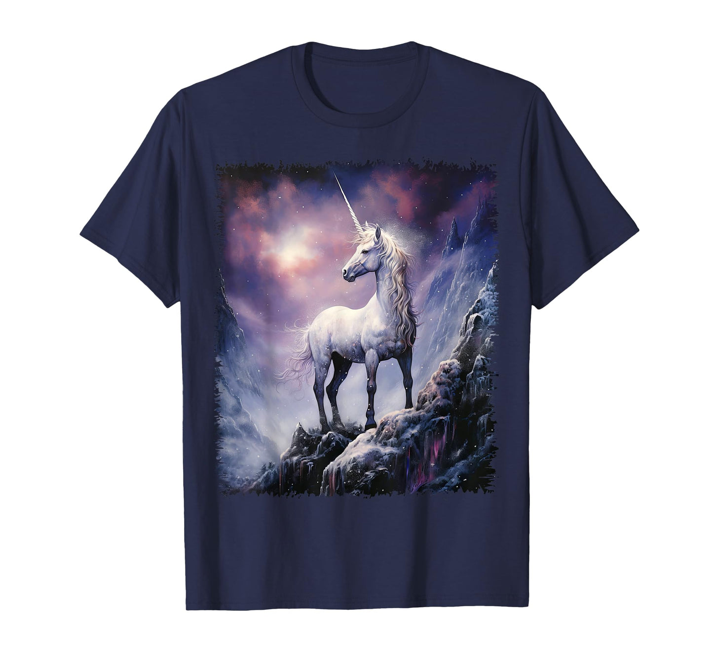 Fantasy white Unicorn standing on the snowy hill T-Shirt