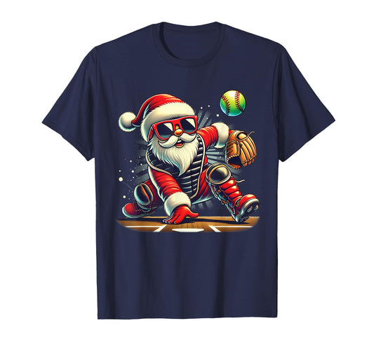 Santa Playing softball Catcher Girls kids funny Christmas T-Shirt