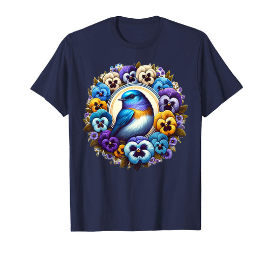 Cottagecore Aesthetic Floral Bluebird Bird Pansies T-Shirt
