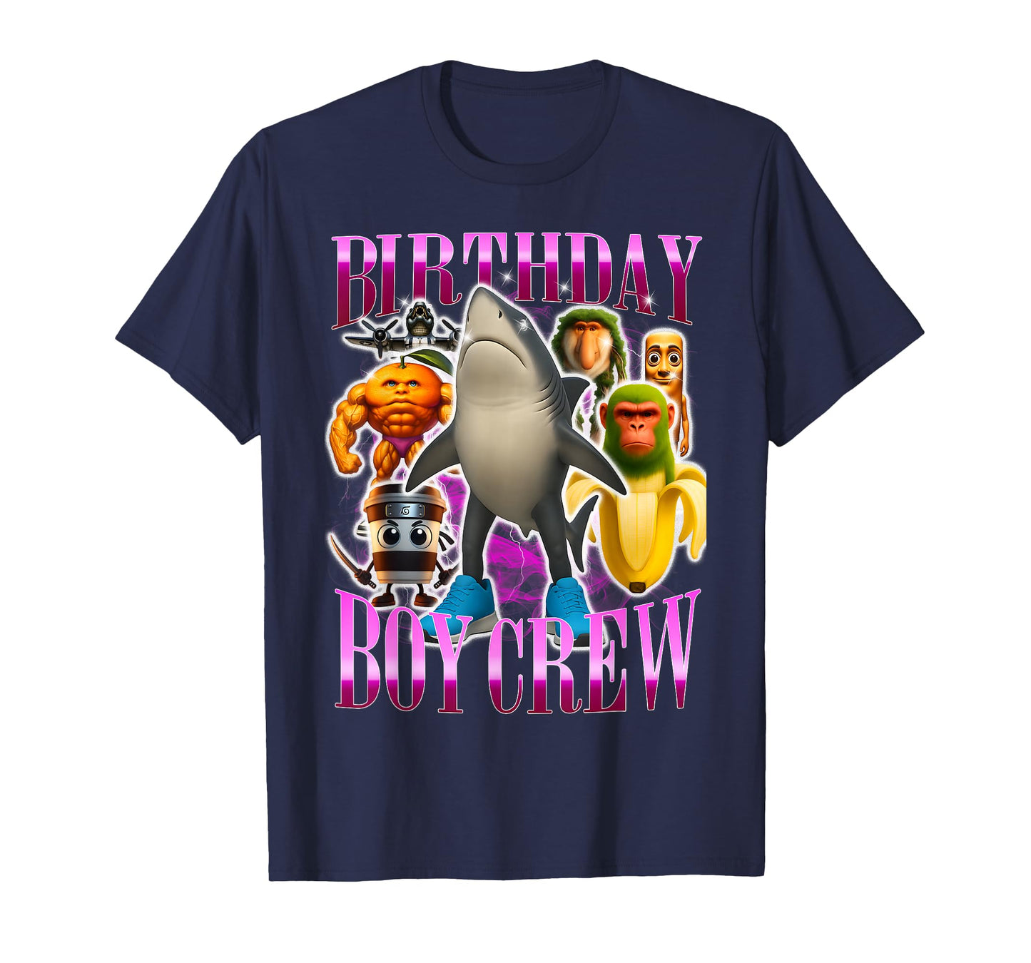 Birthday Crew Funny Italian Brainrot Meme Shark Monkey T-Shirt