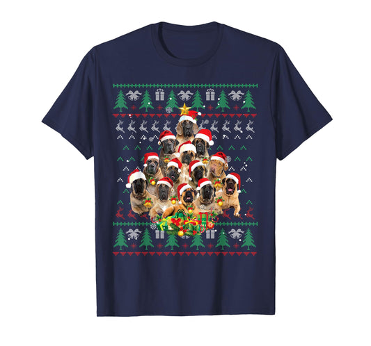 English Mastiff Christmas Tree Ugly Sweater Dog Xmas T-Shirt for Men Women Kids