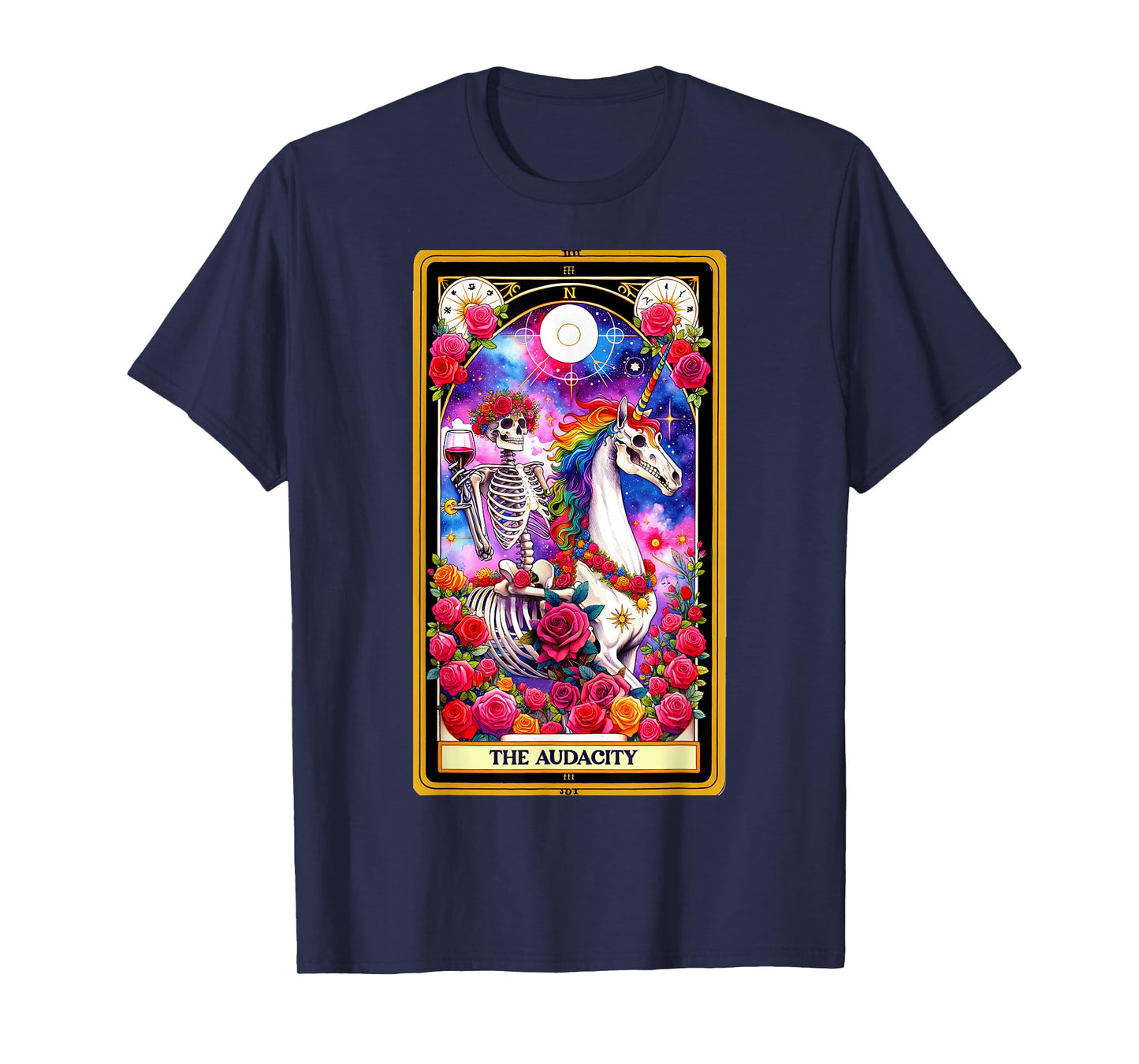 The Audacity Tarot Card Skeleton Skelly Unicorn Wine Women T-Shirt