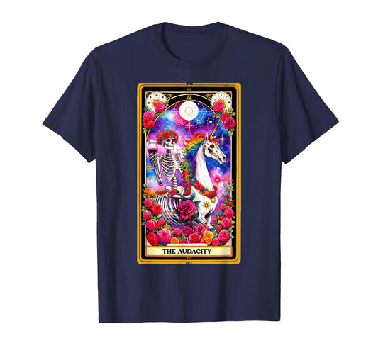 The Audacity Tarot Card Skeleton Skelly Unicorn Wine Women T-Shirt