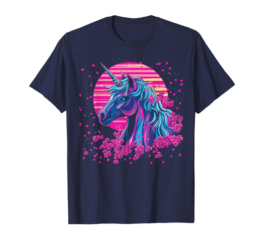 Vaporwave Unicorn Cherry Blossoms Retro Synthwave Aesthetic T-Shirt