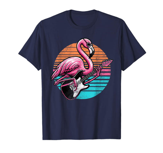 Vintage Style Flamingo Playing Guitar Rock And Roll Retro T-Shirt