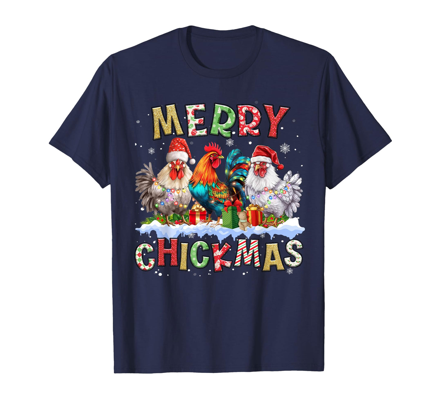 2025 Christmas Chicken Funny Christmas Lights Kids Women Men T-Shirt