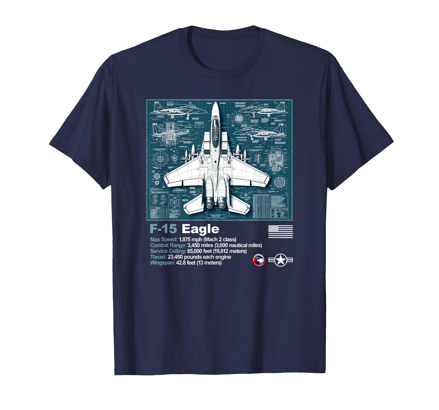 F15 Fighter Jet Blueprint Technical Drawings and Specs T-Shirt