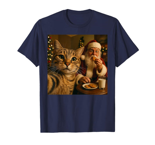Funny Cat Selfie with Santa Claus Christmas Meme T-Shirt