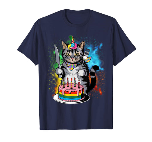 Funny Cat Unicorn with A Birthday Cake T-Shirt