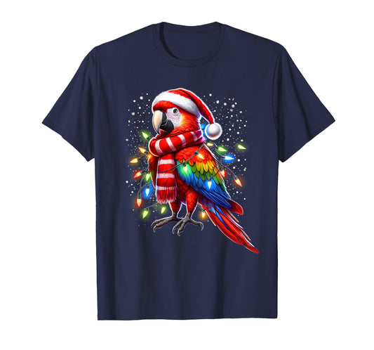 Funny Scarlet Macaw Christmas Tree Lights Xmas Parrot Lover T-Shirt