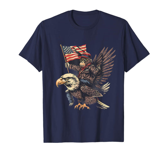 Funny Monkey Bald Eagle USA American Flag Fourth Of July T-Shirt for Women Kids Men