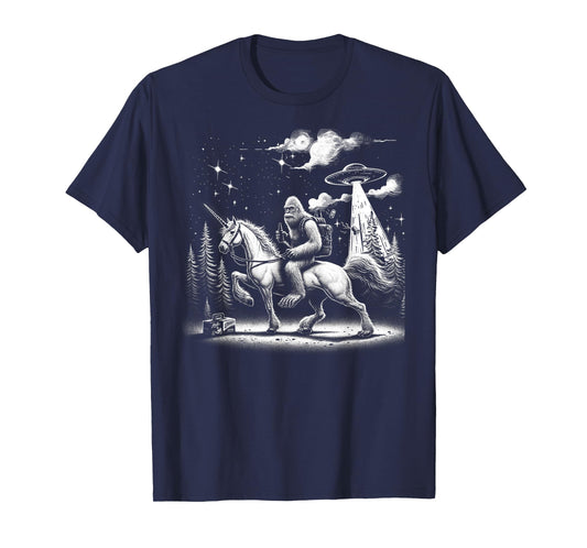 Bigfoot Riding a Unicorn, Full Moon and a UFO Alien T-Shirt