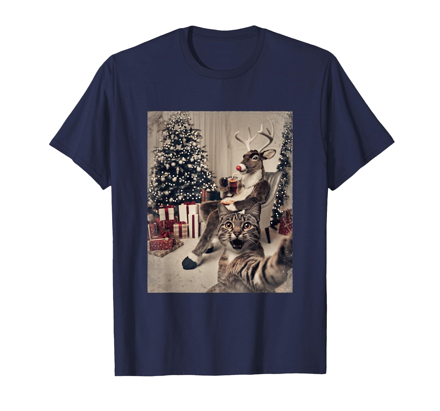 Funny Xmas Cat Selfie Reindeer Ugly Sweater Christmas Outfit T-Shirt