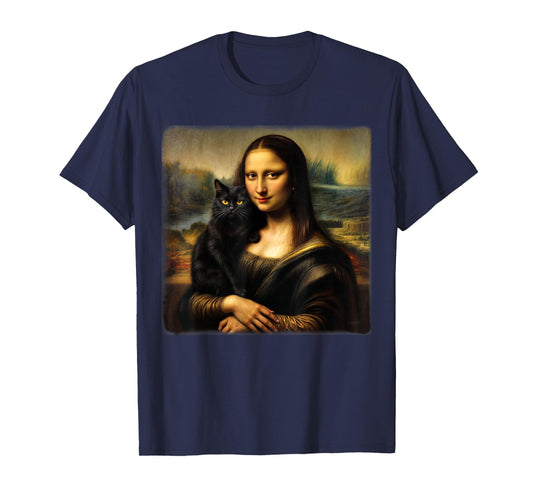Mona Lisa Holding Black Cat Kitty Cat Mom Cat Dad Cats Lover T-Shirt