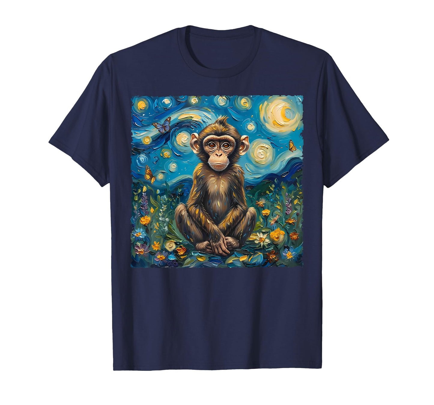 Van Gogh's Starry Night Style Earth Day Monkey Wildlife Art T-Shirt