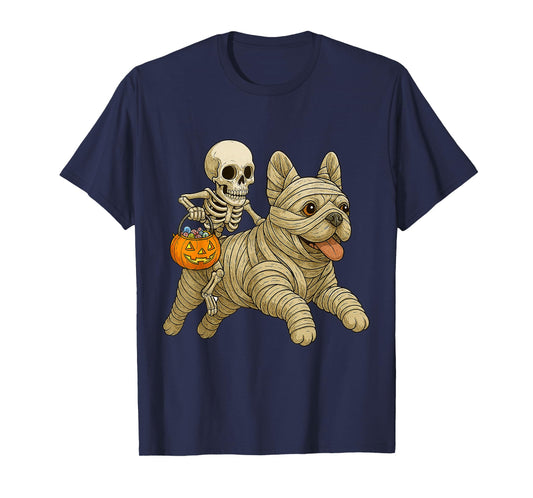 Skeleton Riding Mummy French Bulldog Dog Halloween Funny T-Shirt