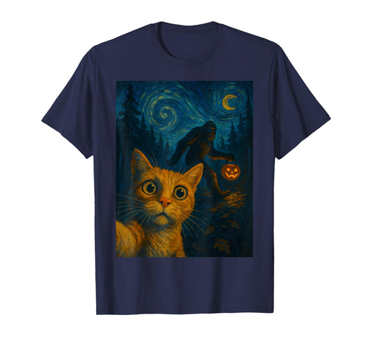 Cat Selfie Bigfoot Halloween Sasquatch Van Gogh Starry Night T-Shirt