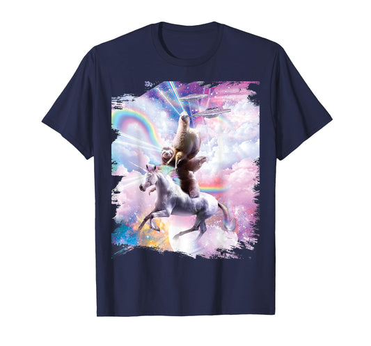 Laser Eyes Space Llama on Sloth Unicorn - Rainbow T-Shirt