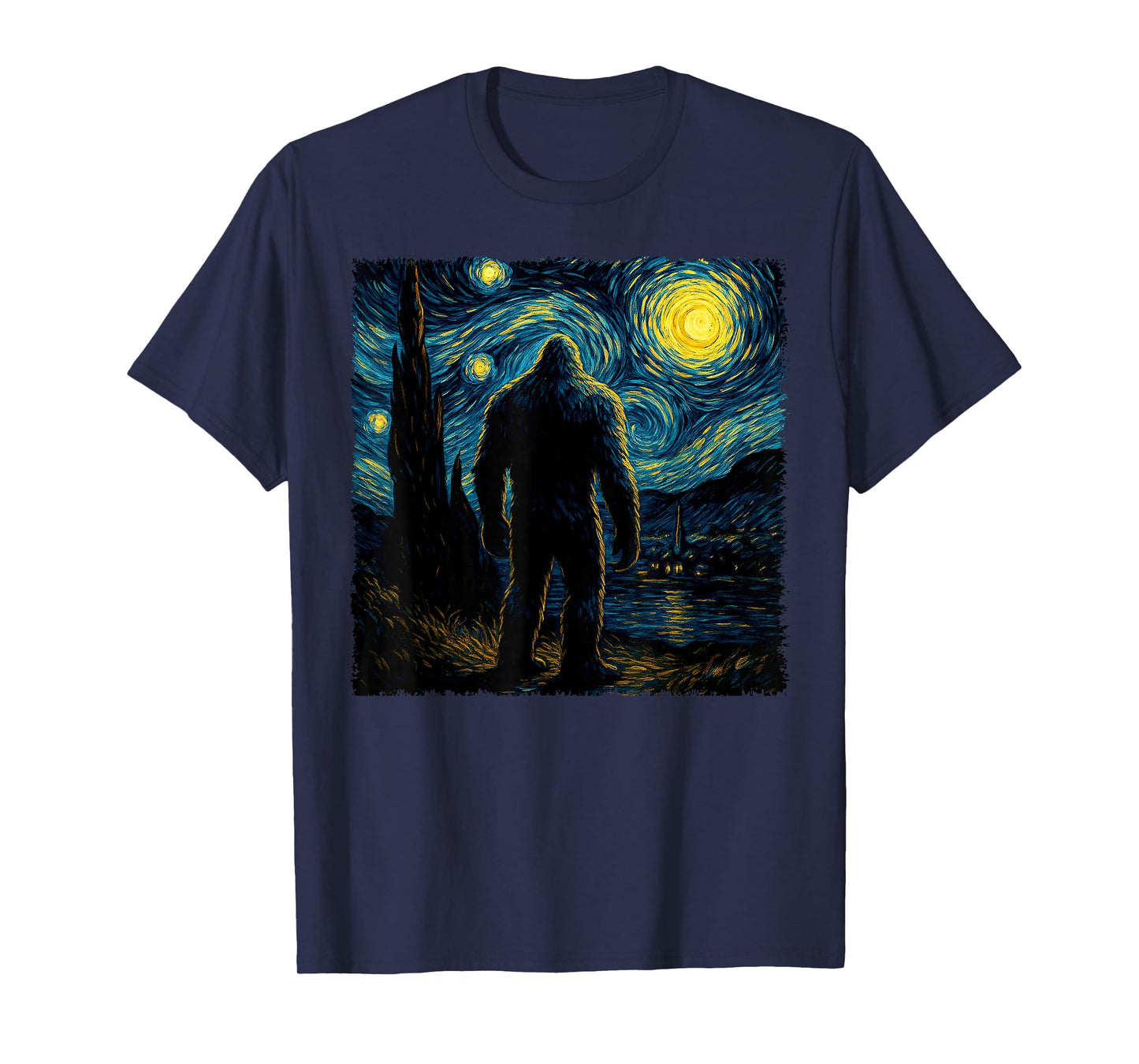 Bigfoot Starry Night Sasquatch Van Gogh Sky Painting Art T-Shirt